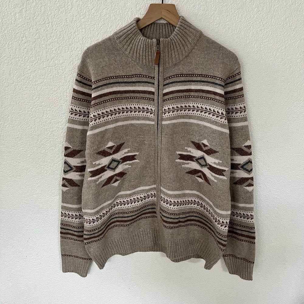 Frye Men's Mock Neck Full Zip Knit Cardigan Sweater Tan Size Large Aztec Design